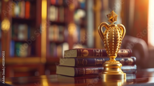 A golden figurine trophy, depicting a symbolic shape, resting on a mahogany desk with books and a softly out-of-focus library in the background.