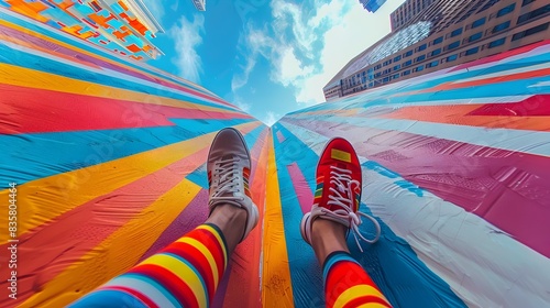 Colorful Parkour Race on Building Rooftops with Vibrant Abstract Patterns