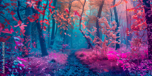 Camino de un bosque magico con colores sorprendentes e irreales risa y azul ideal para fondos 