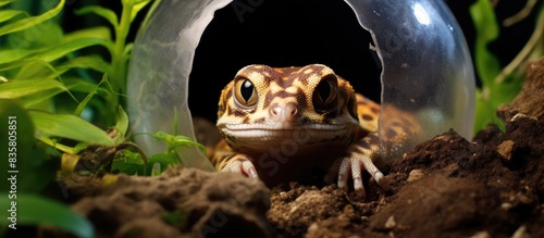 Leopard gecko residing in a cozy coconut shell habitat with copy space image available.