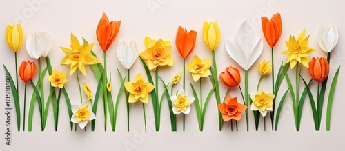 Spring-themed origami flowers placed on a white backdrop, with an empty area for additional content in the image.