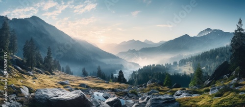 Mountains shrouded in mist and clouds, with copy space image.