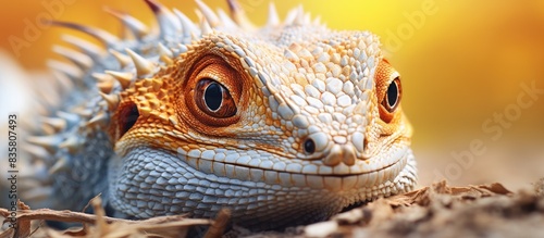 Close-up portrait of a bearded agama lizard featuring detailed skin texture, ideal for use as a copy space image.