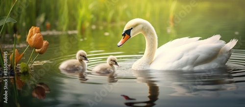 Majestic mute swan interacting with cygnets during golden hour on the serene lake, perfect for a copy space image.