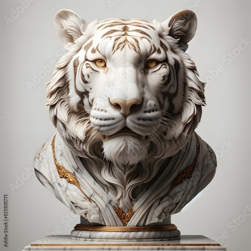 Dieses digitale Porträt eines majestätischen Tigers zeigt detaillierte Marmorstruktur mit goldenen Verzierungen. Die kunstvolle Gestaltung betont die Stärke und Anmut des Tieres