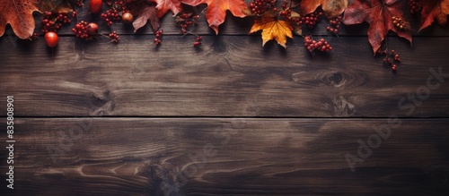 An aerial view displays a rustic dark banner background bordered by colorful fall leaves, nuts, and pine cones, leaving room for a copy space image.