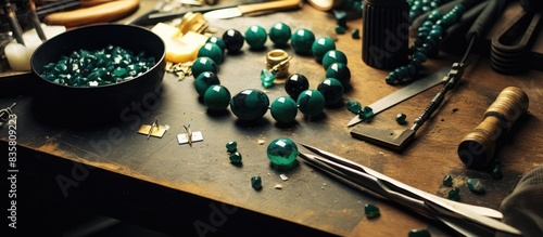A jewelry designer is seen utilizing pliers in her craft against a copy space image.