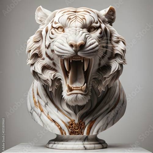 Dieses digitale Porträt eines majestätischen Tigers zeigt detaillierte Marmorstruktur mit goldenen Verzierungen. Die kunstvolle Gestaltung betont die Stärke und Anmut des Tieres
