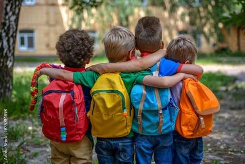 In a sunny park, four children joyfully embrace, wearing bright backpacks. Their friendship, unity, and happiness shine as they play together in nature, exuding joy and togetherness