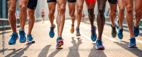 A group of marathon runners legs and feet captured in mid-stride during a race on a sunny street.