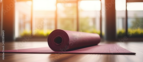 A stunning, young, dark-haired woman yoga instructor with a serene expression practices vrikshasana on a yoga mat in a sunny gym with a wooden floor, with ample copy space image.