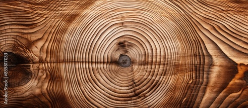 Slice of large tree trunk with rings, cracks on textured surface. Neutral brown hardwood background from forest with copy space image.