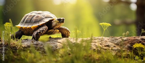 Wildlife vet examines a Greek tortoise outdoors with a close-up capturing the tortoise in hand, showcasing veterinary care for reptiles in their natural habitat with copy space image.