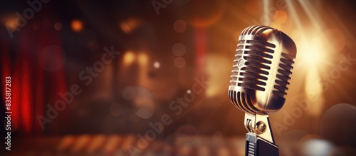 Vintage microphone captured in a close-up on a colored background with ample copy space image.