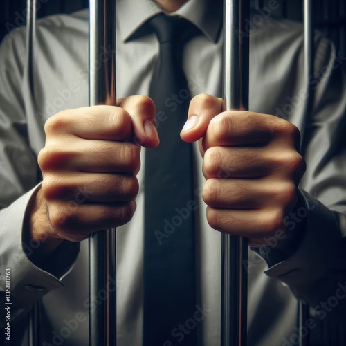 a man inside a prison cage bars. Concept of imprisonment and captivity