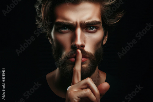 man, doing expression with finger on lips silent shh gesture. Secret, silence, taboo and censorship and freedom of speech