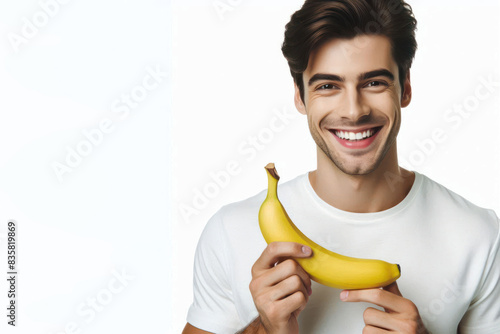Smiling man holding a banana, Sexual issues concept