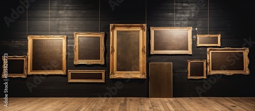 Wooden easel displaying an empty golden frame with a blurred gallery backdrop in selective focus, ideal for a copy space image.