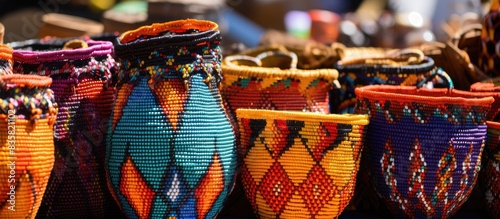 Find authentic African crafts available for purchase at Shongweni Farmer's Market, located close to Hillcrest in Durban, KwaZulu-Natal, South Africa, with a scenic backdrop. Copy space image