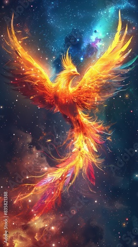 Majestic phoenix rising in a cosmic sky, symbolizing rebirth, strength, and immortality with vibrant flames and starry background.