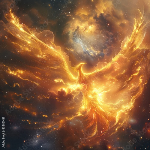 Majestic phoenix rising from flames in a celestial landscape, symbolizing rebirth and immortality in vibrant, fiery colors.