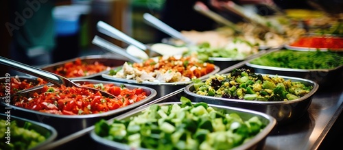 Buffet catering service in a mall with a variety of fresh organic salads displayed on the counter, offering self-service options, ideal for a copy space image.