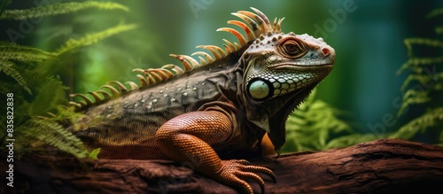 The green iguana is a reptile recognized for its gentle nature and straightforward care requirements, suitable for beginners in reptile ownership, with an excellent demeanor. Copy space image