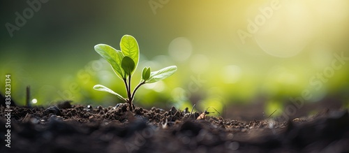 Close-up outdoor shot of a lovely young plant growing in the soil with room for text, suitable for a copy space image.