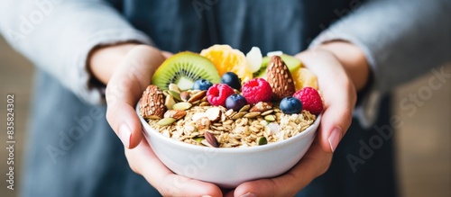 A young woman holding a bowl of muesli with a mix of nuts, pumpkin seeds, oats, and yogurt. She enjoys a homemade granola, making it a nutritious snack or breakfast option with copy space image.