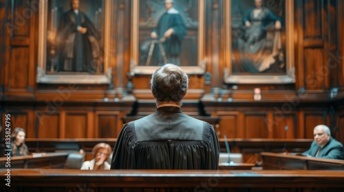 Courtroom scene with a judge wearing a robe presiding over a trial. AI.