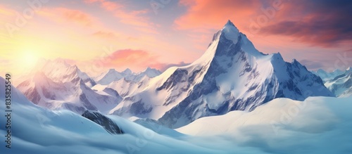 Snow-covered mountain peaks in winter create a scenic landscape with a copy space image.