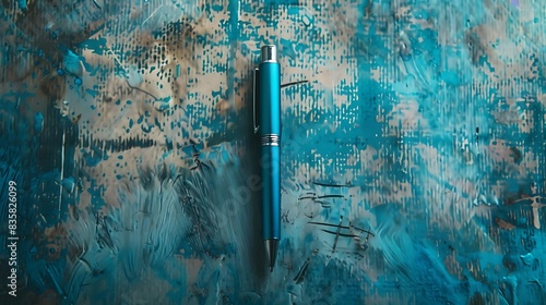 Azure-toned backdrop framing a sophisticated pen, elevating mundane objects to the realm of high art with vibrant hues.
