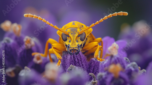 Extreme close-up beautiful yellow beetle on purple lavender in blossom. Chlorophorus varius, the grape wood borer, Longhorn Beetle.