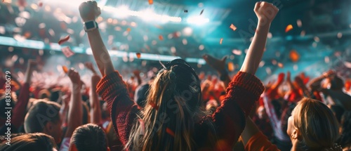 Excited crowd cheering at a concert, hands raised in celebration, vibrant atmosphere with bright lights and confetti.