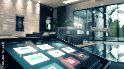 Home automation hub, close-up on central control tablet with house-wide interfaces, soft indirect light 