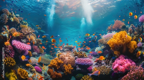 Colorful coral reef teeming with fish