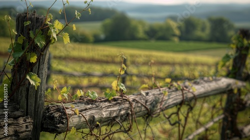 A shot of vines wrapping around an old fence, focus on the tendrils gripping the wood, with a blurred pastoral landscape in the background.