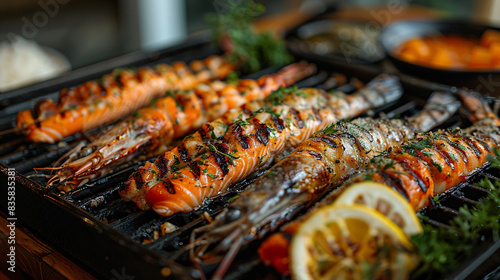 Grilled mixed fish with trout prawn salmon