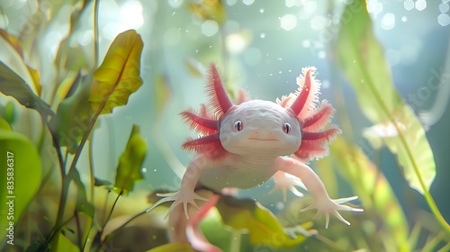 yellow axolotl with red gills swimming underwater