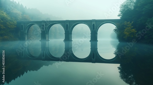 A symmetrical bridge over a calm river in the early morning mist, the bridge and its arches perfectly mirrored in the water.