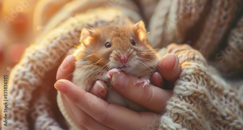 Small hamster held in hand in autumn sunlight