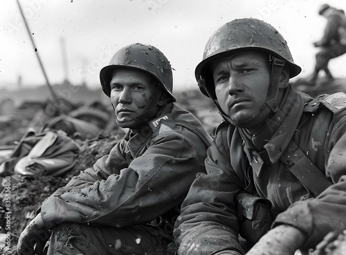 Two soldiers in a foxhole during World War II