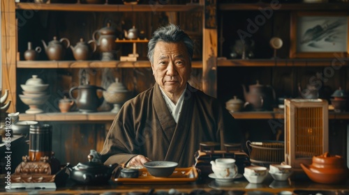 The picture of the tea master or tea brewer that working inside the workshop, the tea master skill that require is tea knowledge, brewing techniques and attention to the detail of the tea leaf. AIG43.