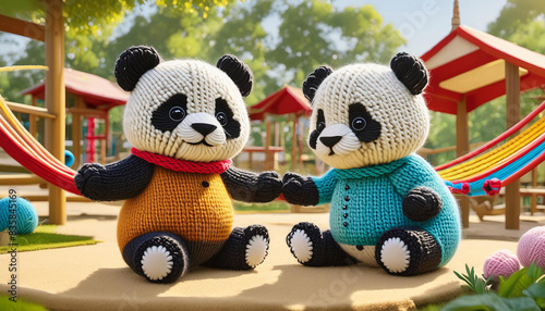 編みぐるみを着たパンダの兄弟が公園で遊んでいます・