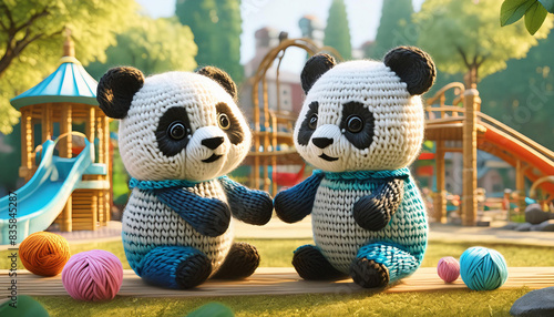 編みぐるみを着たパンダの兄弟が公園で遊んでいます・