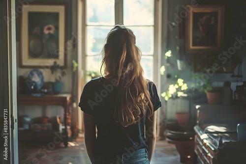 woman standing with back turned in front of a door