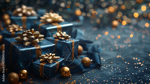 Illustration of blue gifts with golden bows