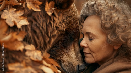 an older woman is hugging a brown bear 