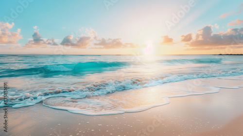 the early morning sun rising over the ocean, with soft waves lapping at the shore