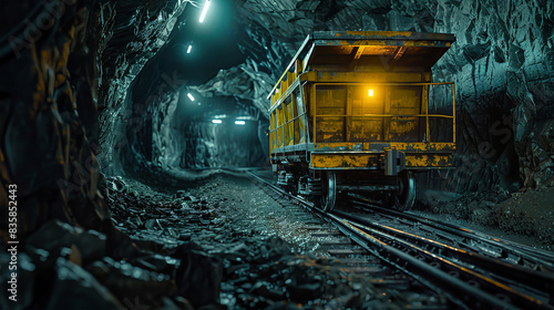 A yellow ore cart travels along a narrow gauge track deep inside a dark mine tunnel